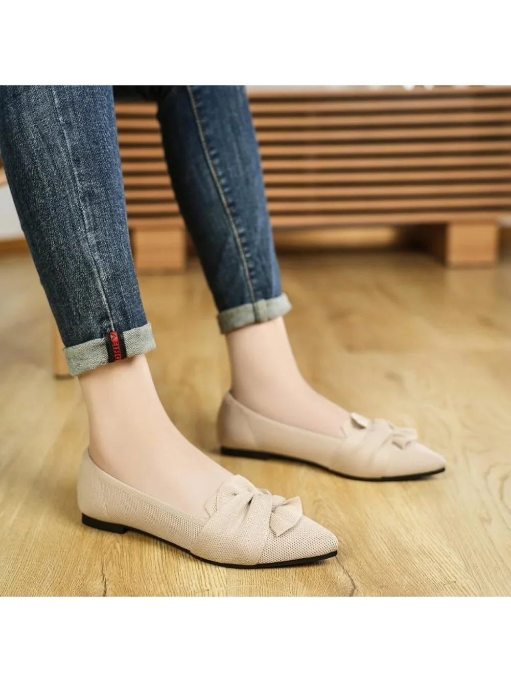 Women's Beige Pointed Toe Ballet Flats with Bow Comfortable Knit Dressy Shoes